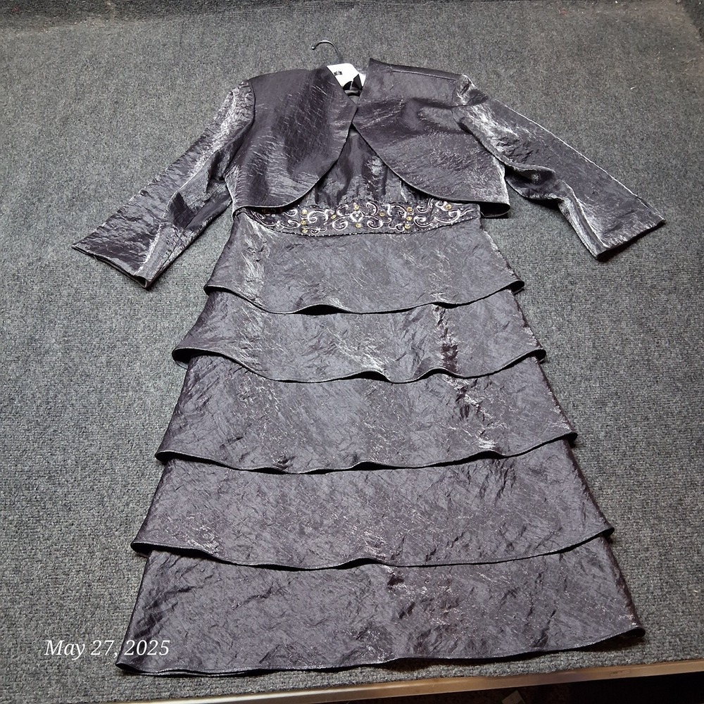 R&M Richards Dress Formal Sz 8 Sillver Gray Sheet Ruffle With Open Jacket Top